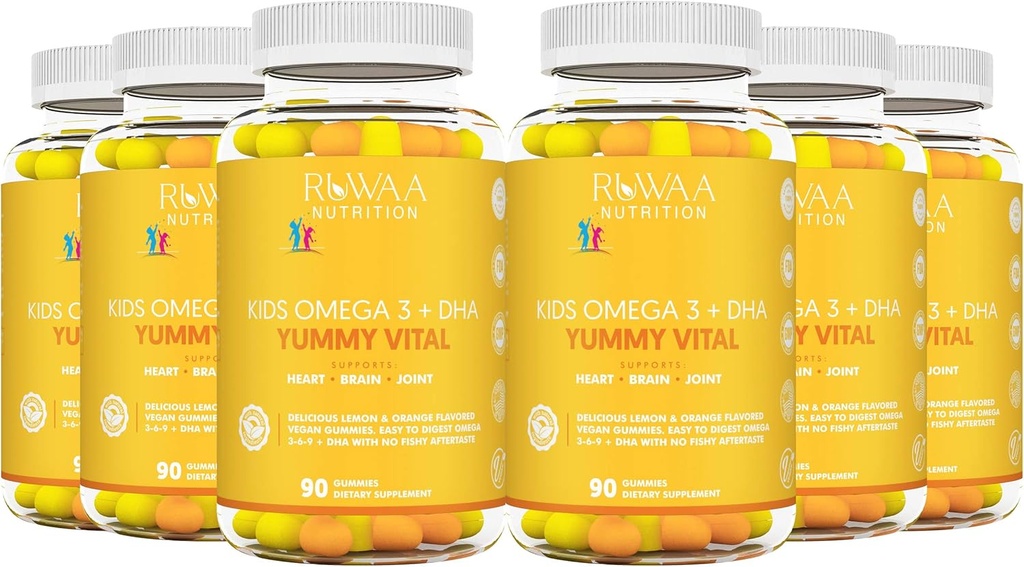 RUWAA NUTRITION 키즈 오메가 3 구미 DHA EPA 오메가 3 보충 아이. 물고기 기름 후 맛 Vegan 오메가 3 6 9 + DHA Gummies & 비타민 C. 인지 건강, 초점, 비전. 어린이 오메가 3 540ct (6)