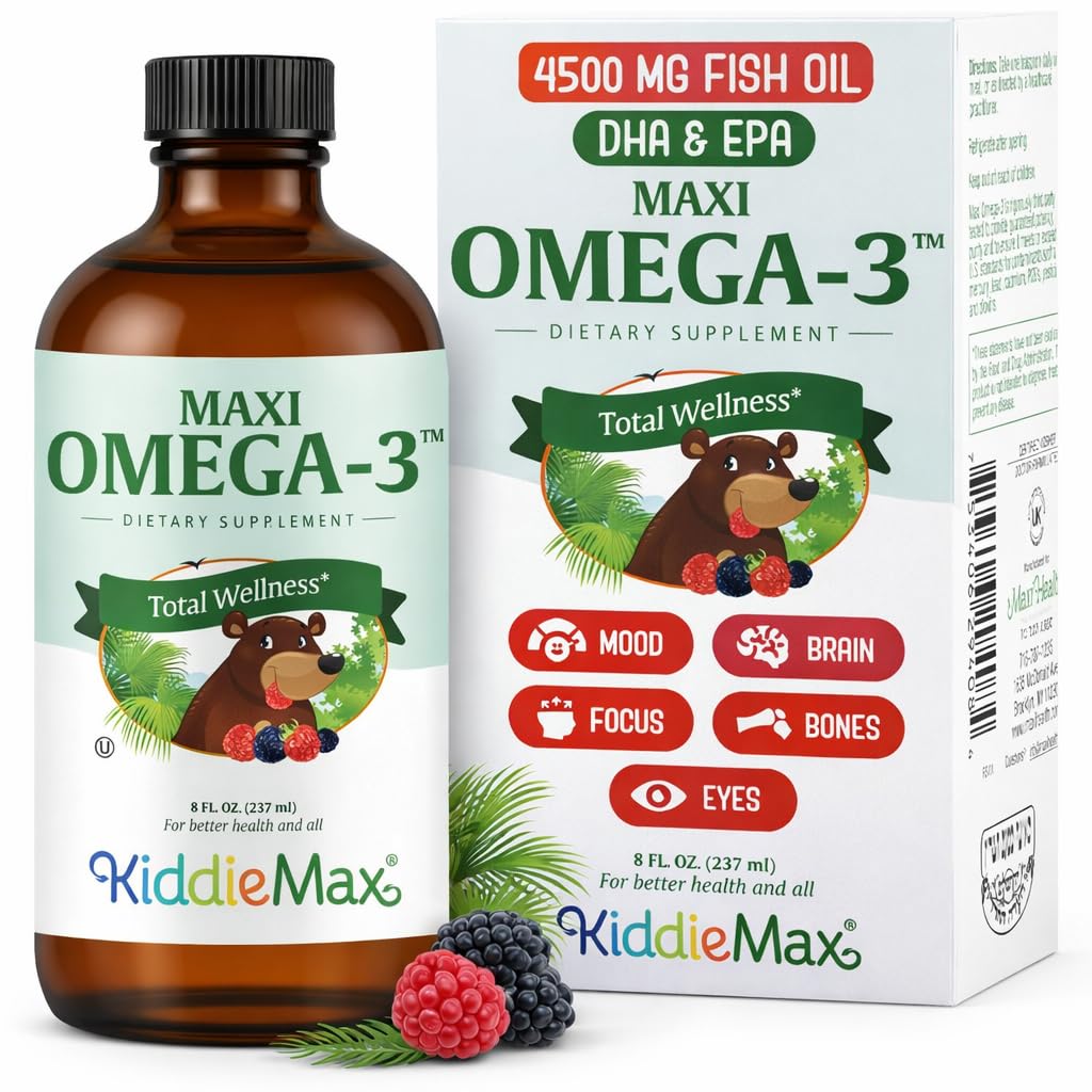 Maxi Health Omega 3 for Kids Supplement – Kosher Omega 3 Kids Fish Oil Liquid with DHA & EPA – Fruity Burst 풍미를 사용한 액체 생선 오일 보충 Mood, Brain, Focus, Bones & Eyes (8 oz)