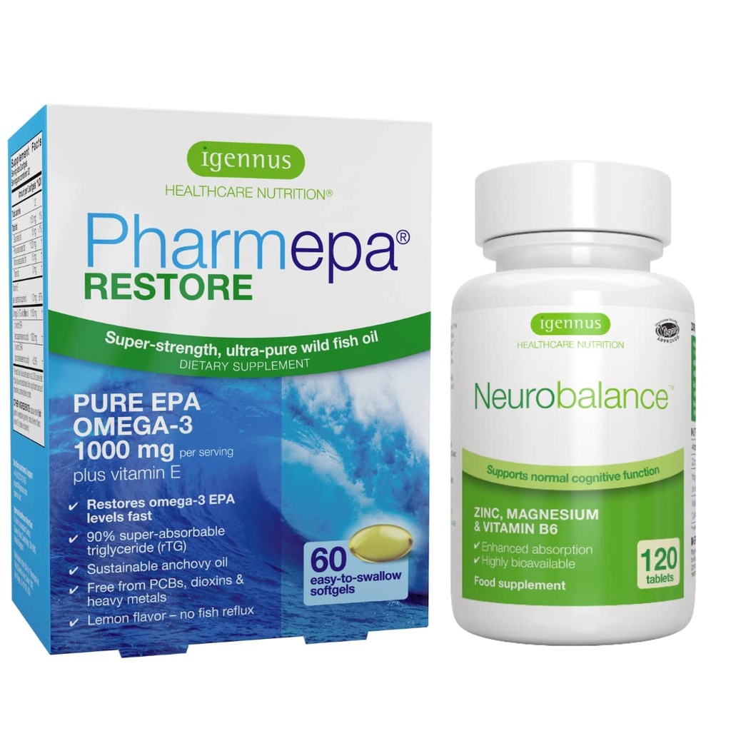 Igennus Pharmepa Restore EPA + 신경 균형 아연, 마그네슘 & 비타민 B6 주의 & 초점을 위한 계류 건강 뭉치