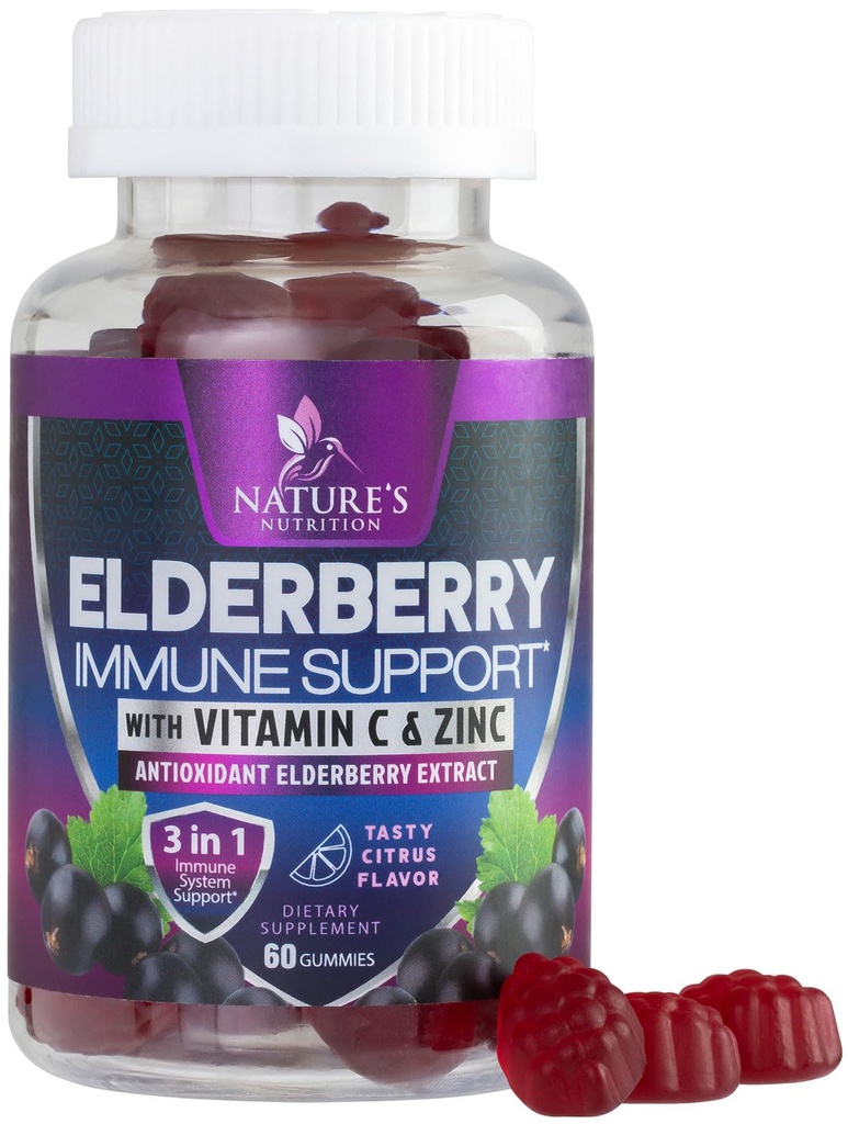 Immune 지원 Gummies - Elder Berry Extract, 아연 및 비타민 C, 성인 및 어린이를위한 자연 Vegan 면역 지원 보충교재, Gummy Elderberry Vitamin - 60 Gummies