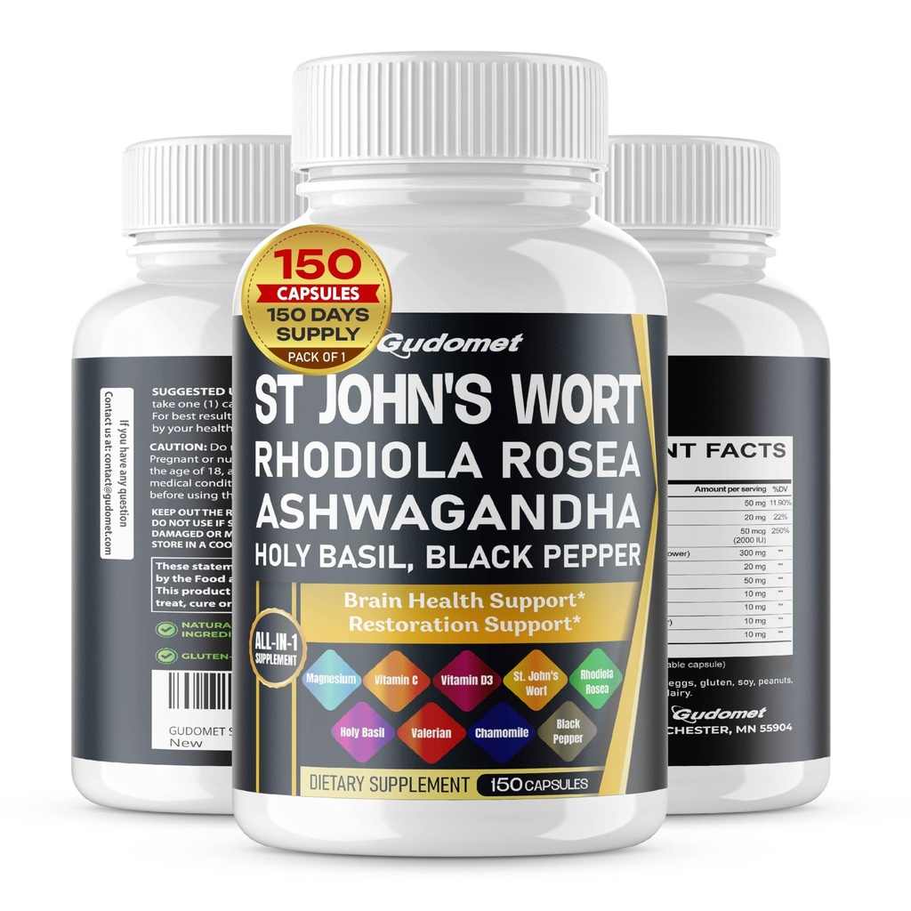 St. John's Wort Rhodiola Rosea Ashwagandha Holy Basil Valerian Chamomile Black Pepper -150 캡슐 - 미국에서 만든