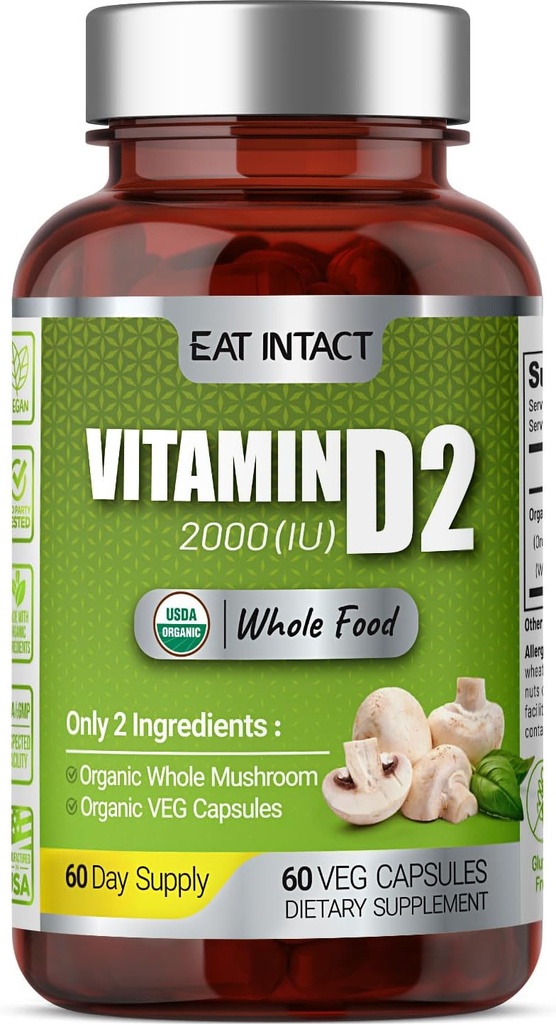 Vegan 전체적인 음식 비타민 D, 2000 IU (50 mcg), D2의 2개의 성분 (Organic 전체적인 버섯 및 유기 Vegan 캡슐), 비 GMO, 제3자 시험해, 60 일 공급