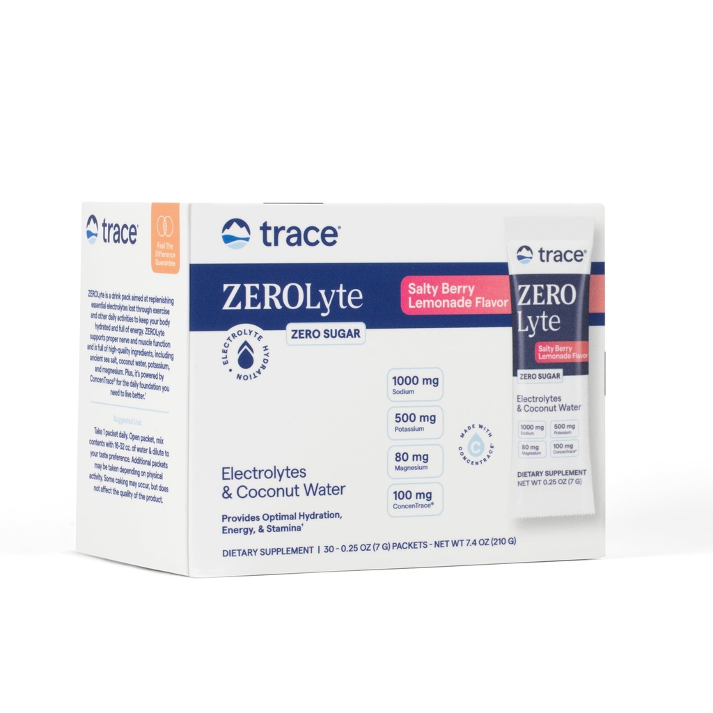 Trace Minerals ZeroLyte - 음료 혼합 분말 지원 Hydration & Energy - Aids Healthy Nerve & Muscle Function - 지원 심장 & 소화 건강 - Salty Berry Lemonade, 30 Packets (30 서빙)