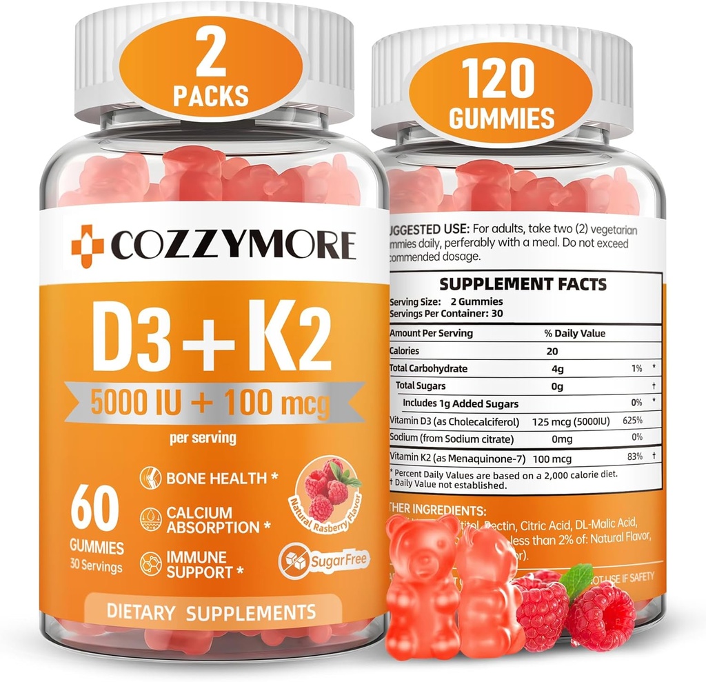 설탕 무료 비타민 D3 K2 Gummies, 비타민 D Gummies 보충, 10000 IU + 200mcg D3 및 K2 보충 교재, 맛있은 거미 비타민, 뼈 근육 이 면역, 60 서빙 120 Gummies, 라즈베리