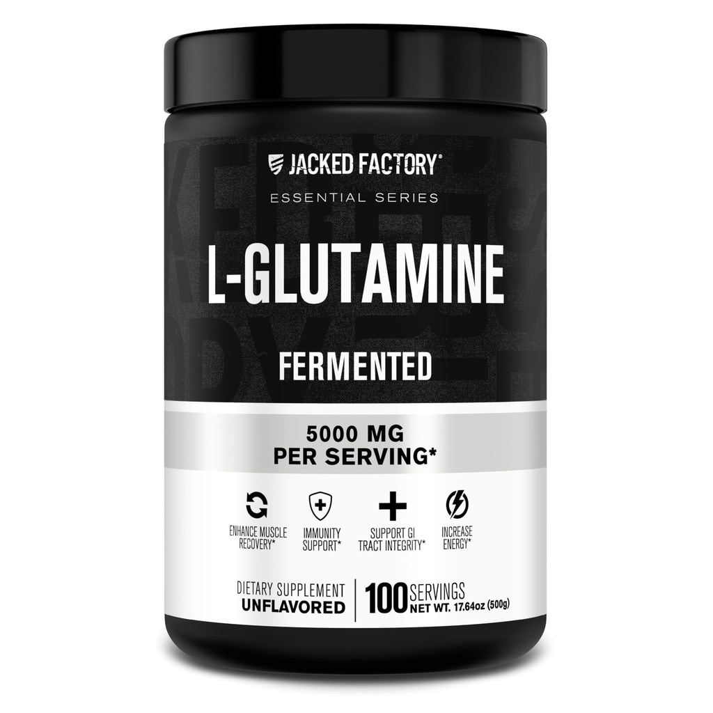 Jacked Factory L-Glutamine Powder 100 서빙 - 포스트 운동 근육 회복, 면역력, 소화 건강을위한 Vegan Fermented L 글루타민 보충 | 인공 필러 없음 - Unflavored