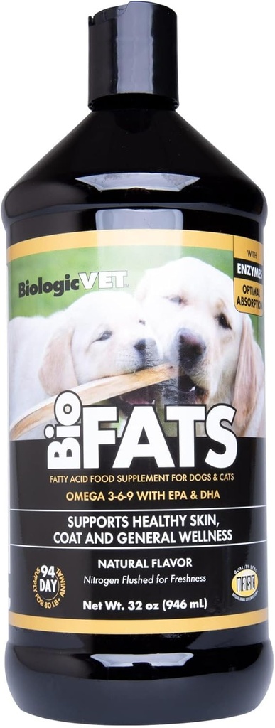 BiologicVET BioFATS - 오메가 3, 6 및 9 - EPA, DHA 및 ALA - 개 및 고양이 - 피부 및 관절 건강 지원 - 물고기, Flaxseed 및 올리브 오일 포함 - 32 달러.