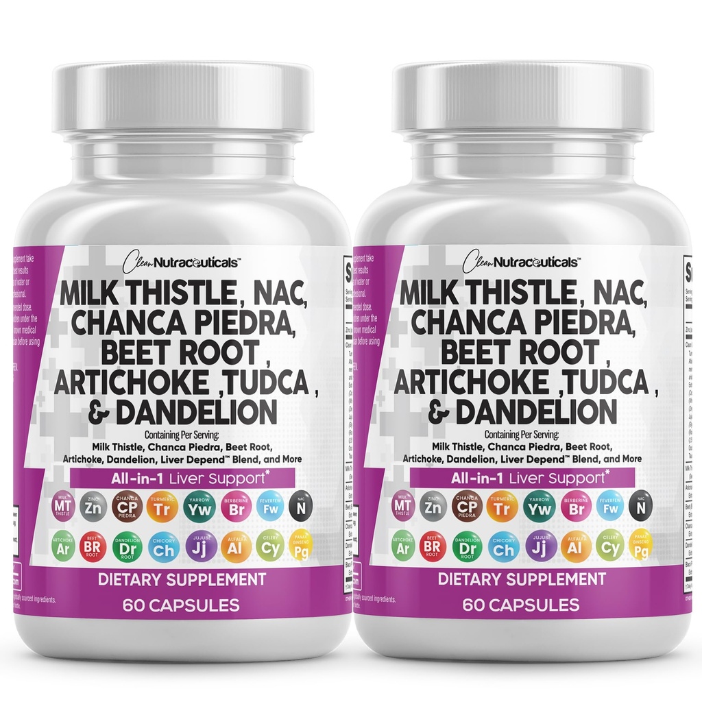 Clean Nutraceuticals 우유 이틀 NAC Chanca Piedra Beet 뿌리 Artichoke Dandelion 뿌리 - Liver Cleanse Supplement Plus TUDCA Choline & Ginger - 2Pack