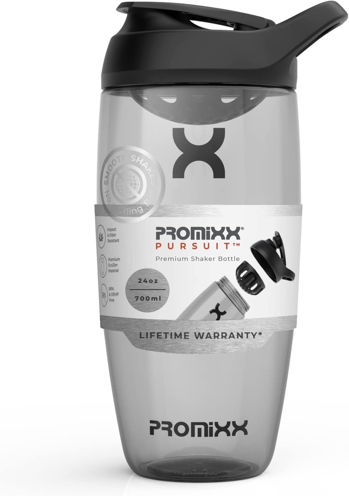 Promixx Pursuit Protein Shaker Bottle (24 oz) - Silent No-Ball 믹서, 누출 방지 뚜껑, BPA / BPS 및 Phthalate-Free ECOZEN - 단백질 쉐이크, Pre & Post-Workout 스무디를위한 쉬운 청소 셰이커 컵