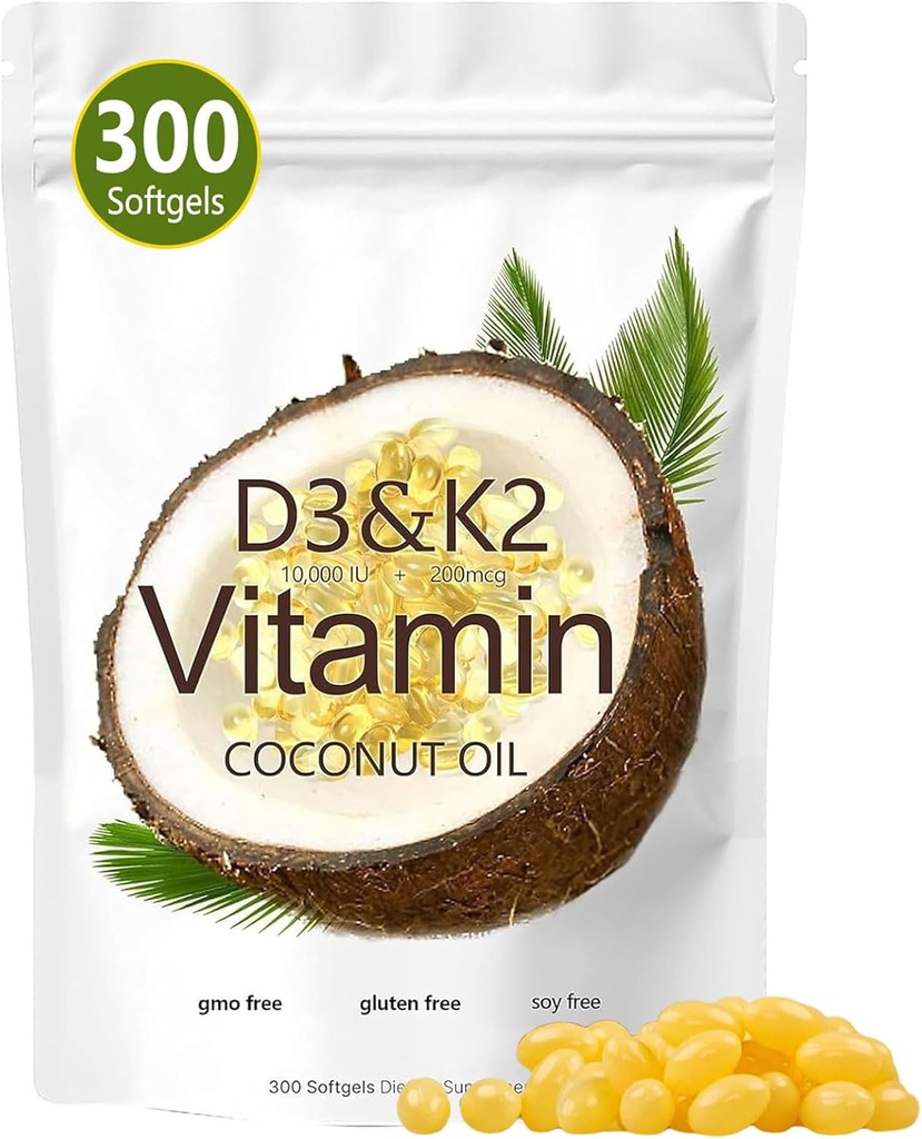 비타민 D3 K2 Softgel, D3 K2 비타민 10000 IU, 10000 IU VIT D3 + 200 MCG 비타민 K2, GMO, 글루텐, 콩, 뼈 건강, 지원 칼슘 흡수, 300 젤