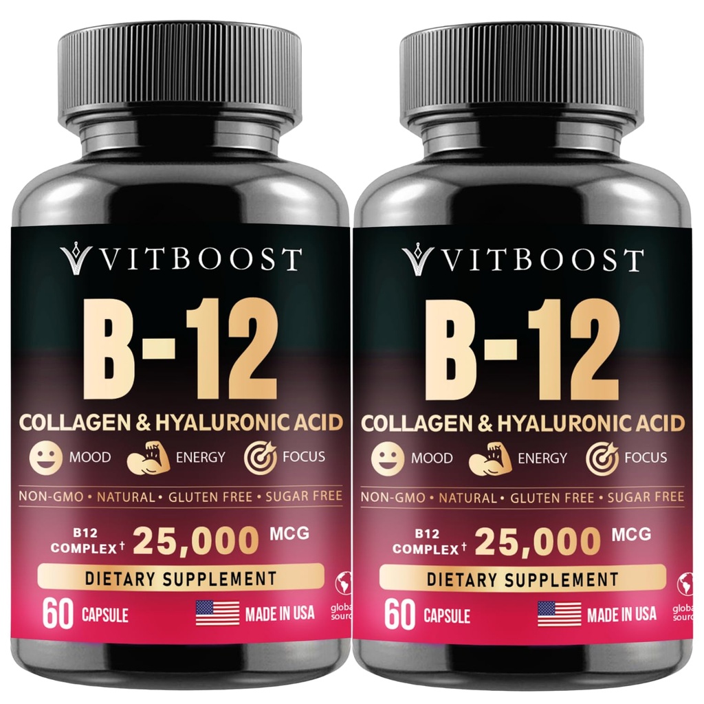 Hyaluronic 산, 교원질 및 Folate를 가진 B12 Methylcobalamin – 25000 mcg 보충교재는 흡수를 강화하고 & 부스트 에너지 | 글루텐 자유로운, 미국에서 만든, B1, B2, B3, B6, B7 Complex - 2 팩
