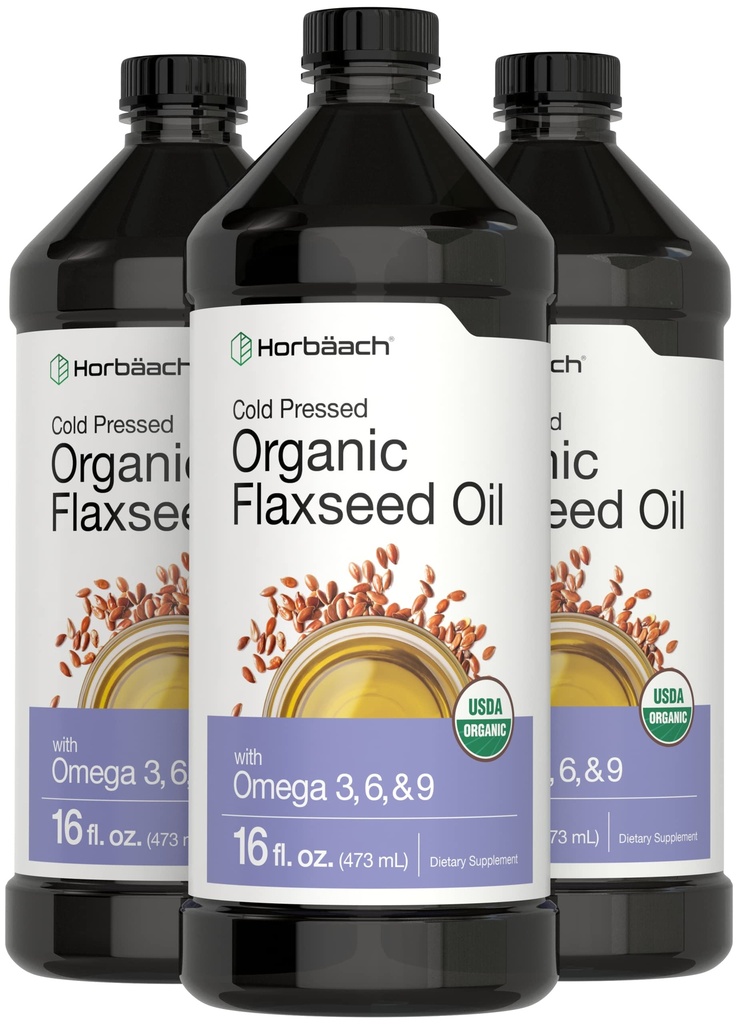 Horbäach Organic Flaxseed Oil | 3 팩 | 16 fl oz 각 | 냉간 압착 | 오메가 3, 6, 9 | 채식주의 자, 비 GMO, 글루텐 무료 액체