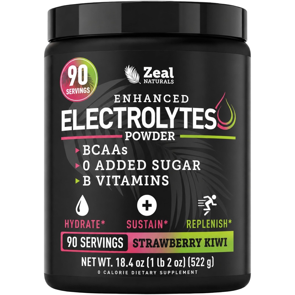 Zeal Naturals Electrolyte Powder Recovery 음료 (90 인분 | Strawberry Kiwi) w 0 Sugar +BCAAs +B-Vitamins Electrolyte Supplement w Potassium 아연 및 마그네슘 - Keto Electrolytes