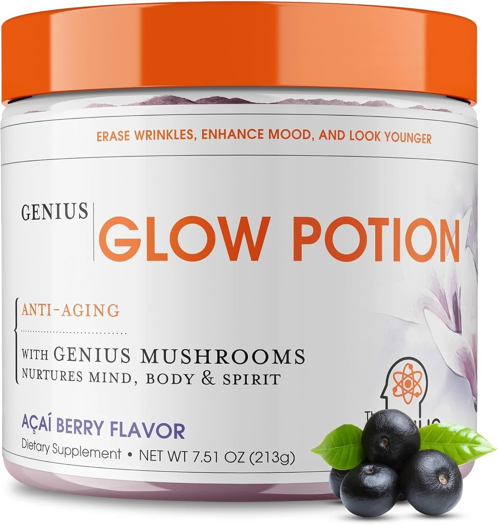 Genius 브랜드 Genius Glow Potion - Glowing Skin 용 매일 스킨 케어 보충 - Nootropics - Acai Berry - 30 서빙