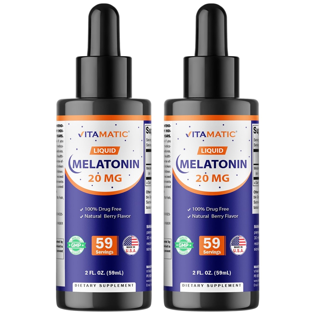 Vitamatic 2-Pack Melatonin 20mg 액체 드롭 - 2 fl oz (59 ml) 각 - 천연 베리 맛 - 비 GMO, 성인을위한 채식 보충교재