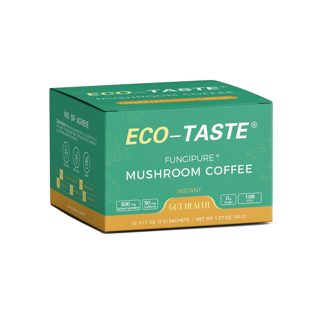 ECO-TASTE Mushroom Coffee Mix는 Chaga, Lion's Mane, Turkey Tail, Yacon 및 Probiotics와 Gut-Health를 위해 디자인되었습니다. 12 Sachets