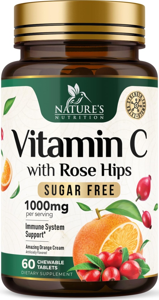 비타민 C Chewable 1000mg - 강력한 면역 지원 w/Vitamin C & 로즈 엉덩이를 위한 여분 힘 산화 방지제 - 유력한 규정식 VIT C Chews 보충교재, 자연적인 오렌지 풍미, Vegan, 비 GMO - 60 정제