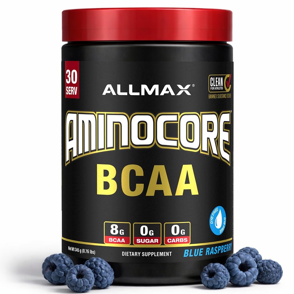 ALLMAX 영양 AMINOCORE BCAA – 8G BCAAs – 100% 순수한 분지 사슬 아미노산 – 글루텐 자유로운 - 파란 딸기 - 315 그램