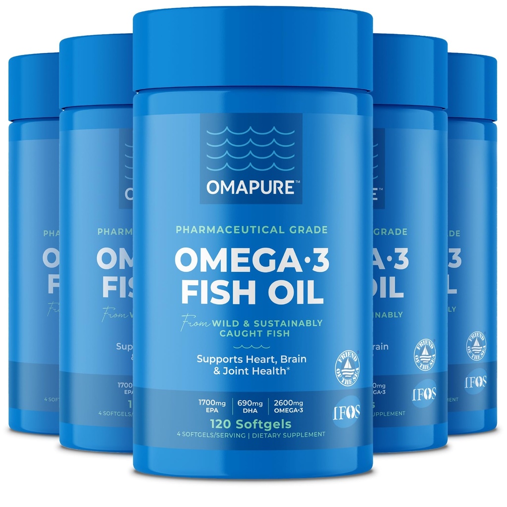오메가 3 지방산 (5 병, 120 Softgels) - 높은 EPA, DHA, & IFOS 물고기 기름 알약 지원 심장 & 합동 건강 - Burpless 물고기 기름은 뇌 기능을 승진시킵니다