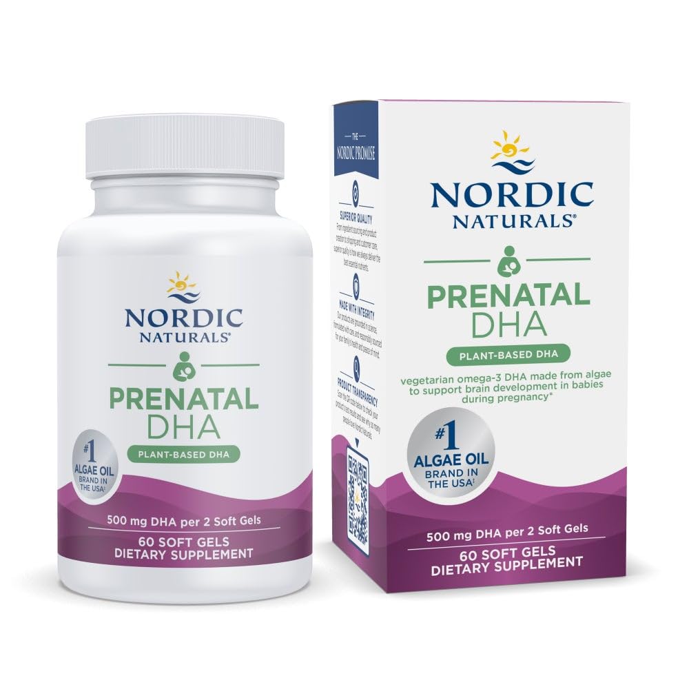 Nordic Naturals Vegan Prenatal DHA, Unflavored - 60 Soft Gels - 500 mg Plant-Based DHA - 아기 및 건강한 임신의 뇌 발달 지원 - Non-GMO - 30 서빙