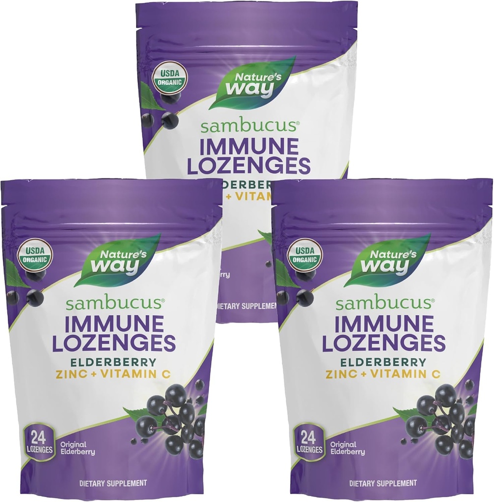 Nature's Way Sambucus Immune Lozenges, 아연 + 비타민 C, 블랙 엘더베리 추출물, USDA 인증 유기, 오리지널 베리 맛, 24 Lozenges (패키지 May Vary) - 3 팩