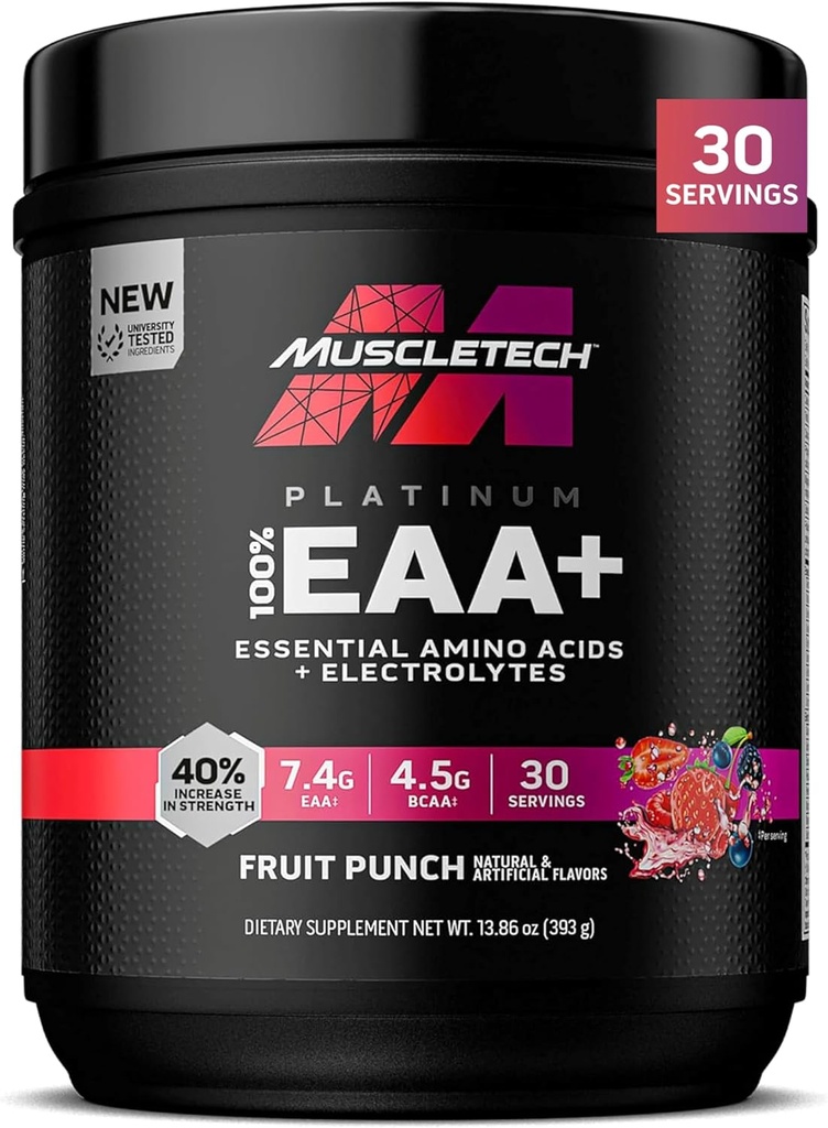 MuscleTech Platinum Essential Amino Acids는 Electrolytes, Fruit Punch - 에너지, 근육 성장 및 힘 빌더를위한 사전 운동 분말 - 남성 및 여성을위한 EAA Complex - 30 서빙
