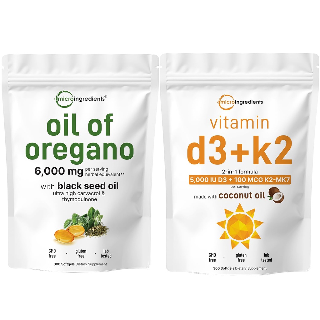 Oregano Softgels의 마이크로 성분 기름 6,000mg 서빙 & 비타민 D3 5000 IU 플러스 K2 (MK-7) 100 mcg, 300 버진 코코넛 오일 Softgels 번들 팩 | 4X 힘 Carvacrol & Thymoquinon | 필수
