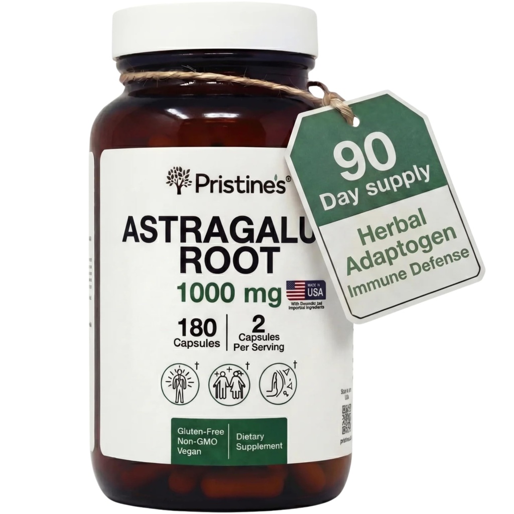 PRISTINE'S Astragalus 뿌리 면역 지원 보충교재 캡슐 -1000mg 90 일 공급 초본 Adaptogen - 건강한 노후화, 심장 & 폐 건강
