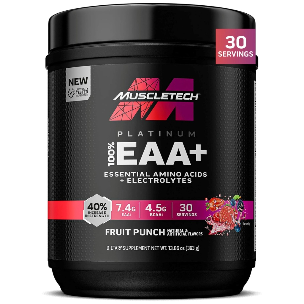 MuscleTech Platinum Essential Amino Acids는 Electrolytes, Fruit Punch - 에너지, 근육 성장 및 힘 빌더를위한 사전 운동 분말 - 남성 및 여성을위한 EAA Complex - 30 서빙
