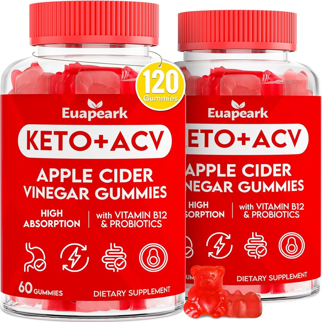 Apple Cider Vinegar Gummies, Probiotics, 비타민 B12 및 Keto 지원, 소화를위한 어머니 2000 mg ACV, Metabolism, Cleanse & Detox Diet, Vegan, 낮은 설탕, 120 조사