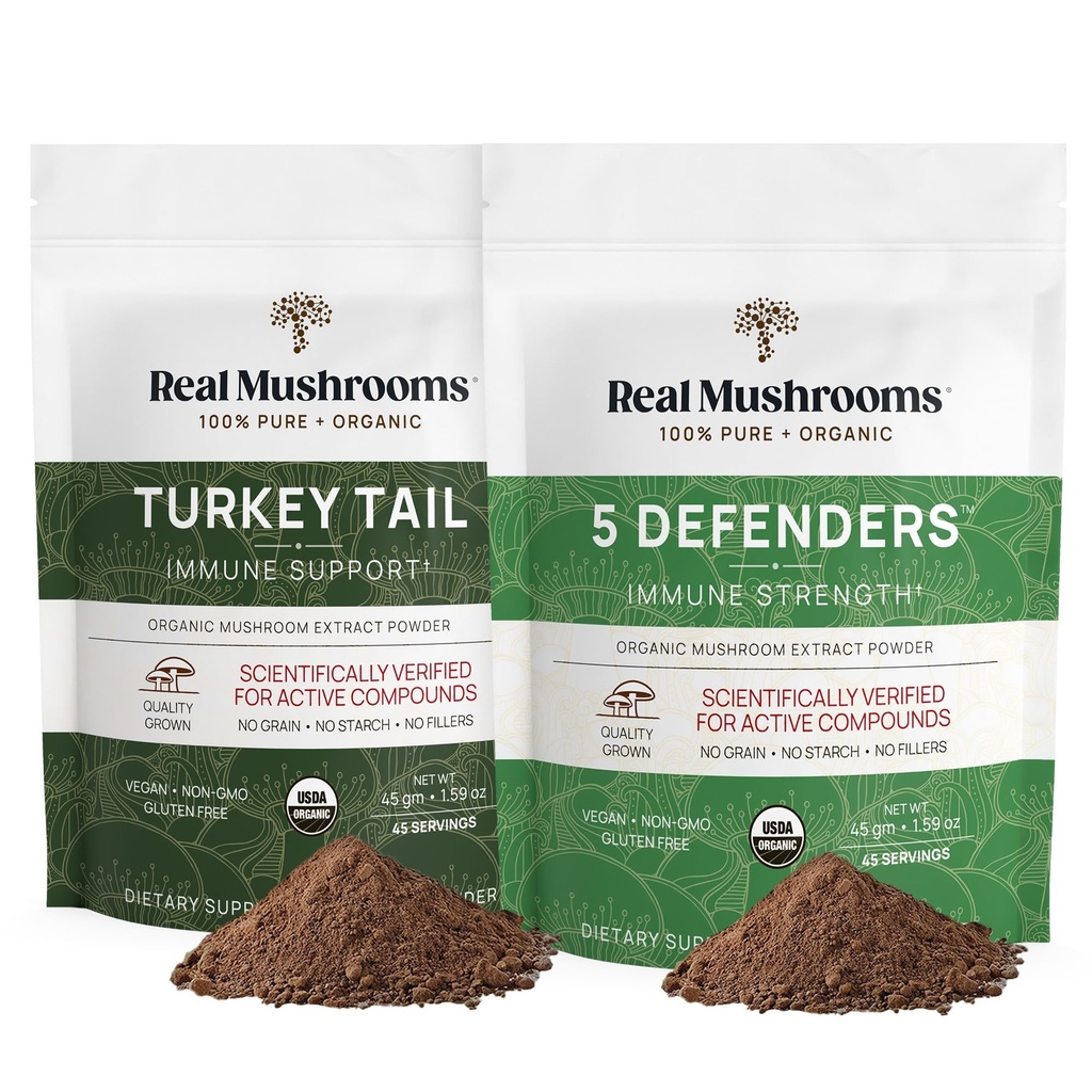 Real Mushrooms 터키 꼬리 (45g) 및 5 수비수 (45g) 버섯 추출물 분말 번들 - 면역력을위한 버섯 보충 - Vegan, Non-GMO 면역 보충