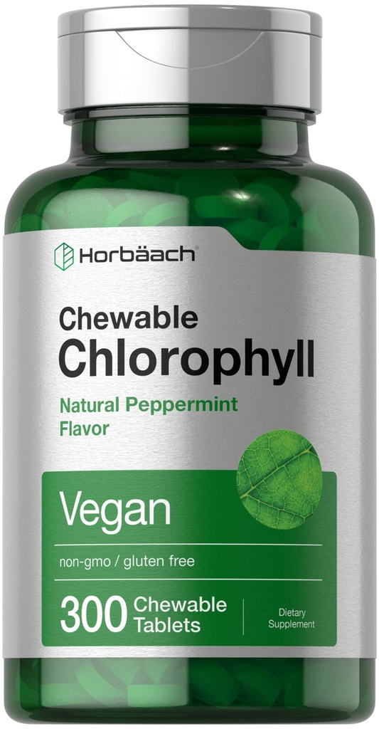 Horbäach Chlorophyll 알약 | 300 Chewable Tablet | 천연 후추민트 맛 | Vegan, Non-GMO 및 글루텐 무료 보충