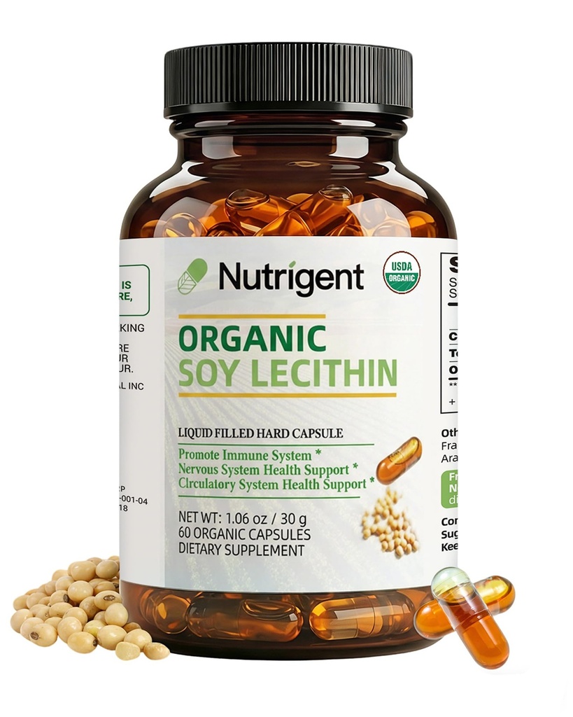 USDA 유기 콩 Lecithin 보충교재 800 mg의 높은 흡수 액체 유기 캡슐, 뇌 & 간 건강 지원, 비 GMO, 글루텐 자유로운, 60 조사를 위한 Choline Lecithin 보충교재