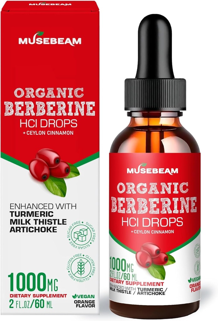 유기 Berberine HCl 1000mg 액체 드롭 - Ceylon Cinnamon Turmeric Milk Thistle Artichoke - 남성 여성을위한 높은 생체 이용성 보충 - Vegan Sugar Free Gluten Free 2fl. oz (60ml)