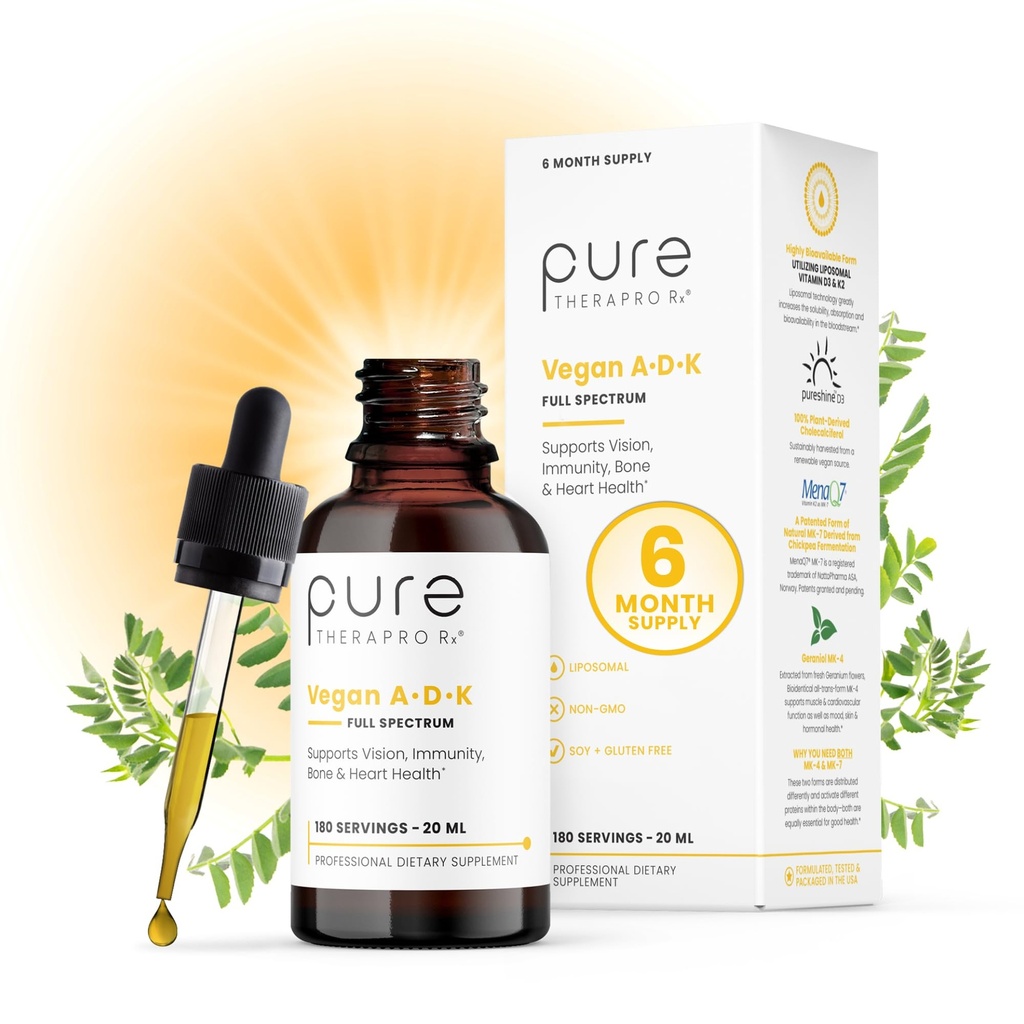 순수한 TheraPro Rx Vegan A-D-K Drops-6 Mon Supply-Vitamin A (Palmitate & Betacarotene), Liposomal 비타민 D3 (vegan cholecalciferol로), Liposomal 비타민 K2 (MK-4 & MK-7) 지원 Immunity & Bone Health-20mL