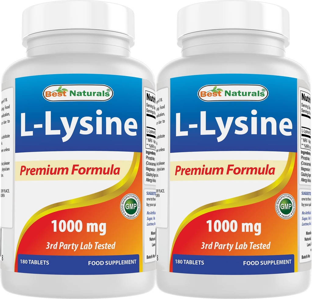 최고의 자연 L-Lysine 1000mg 180 정제 (180 개) (2 병)