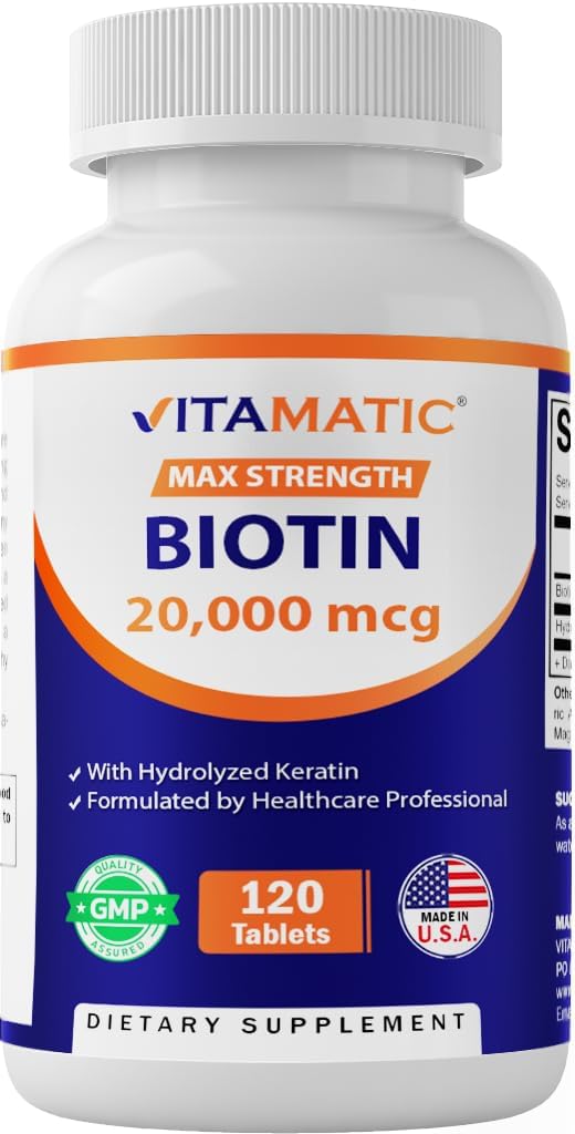 Vitamatic 높은 효능 Biotin 20000 mcg (20mg) Keratin 100mg - 120 채식 정제 - 성인을위한 건강한 머리 피부 및 손톱을위한 Biotin 보충 교재 (120 개)