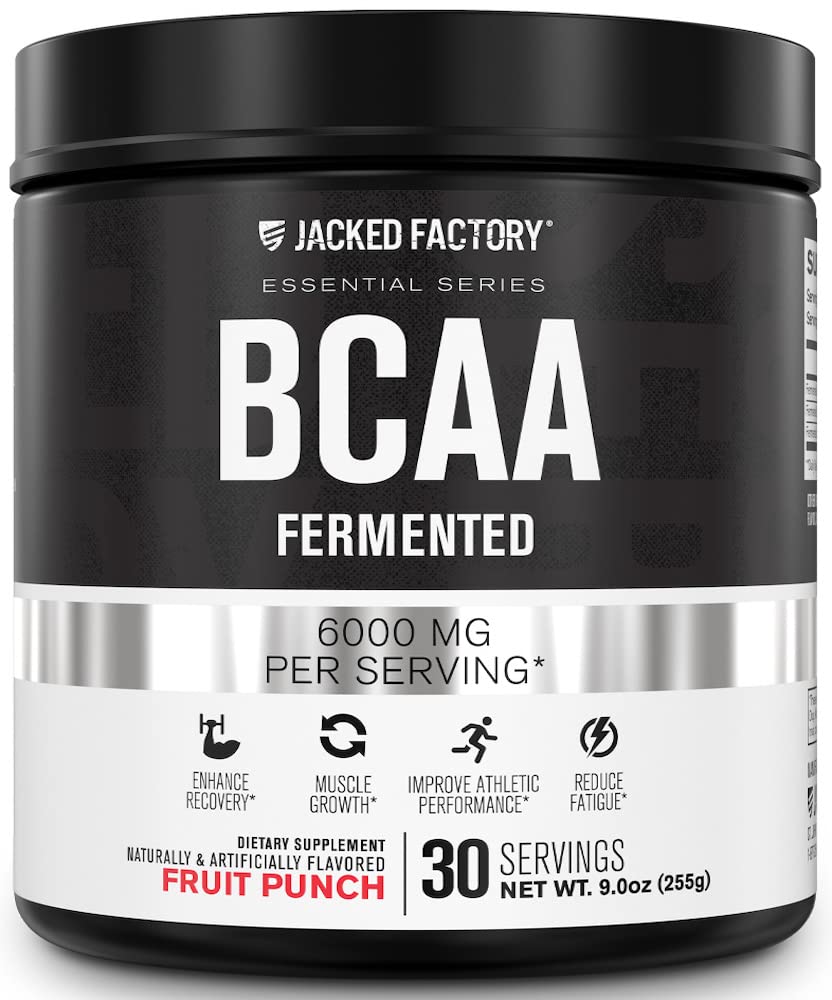 Jacked Factory BCAA Powder (Fermented) - 6g 분기 된 체인 에센셜 아미노산 보충 근육 회복, 감소 된 피로, 증가 된 힘, 근육 성장 - 30 서빙, 과일 펀치