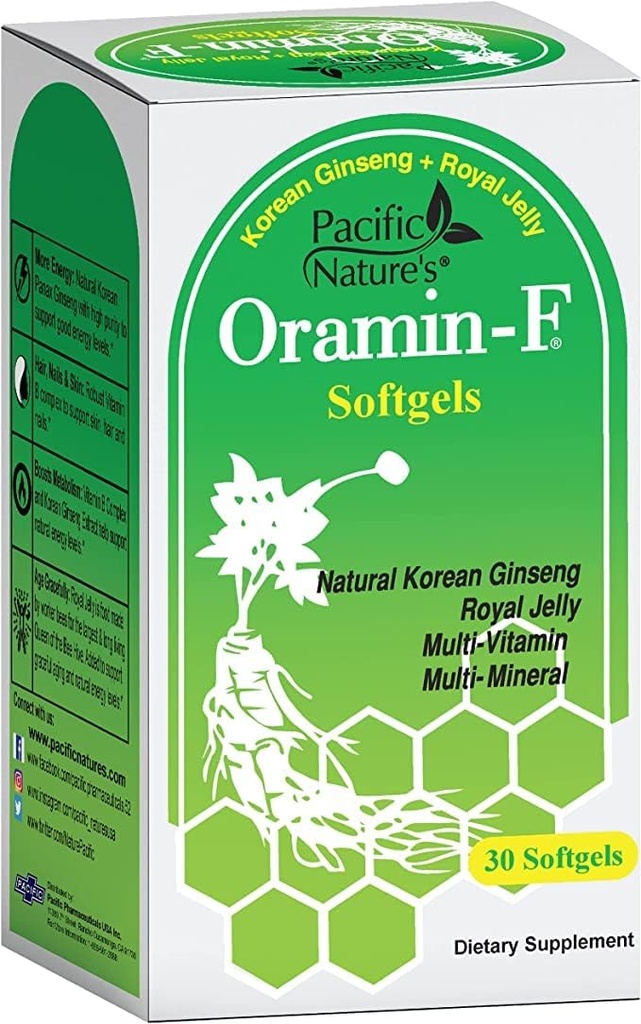 태평양 자연의 Oramin F (30 Softgels) 한국 인삼, 로얄 젤리, 비타민 B 복합체 및 에너지, 면역성 및 영양 지원을위한 아연