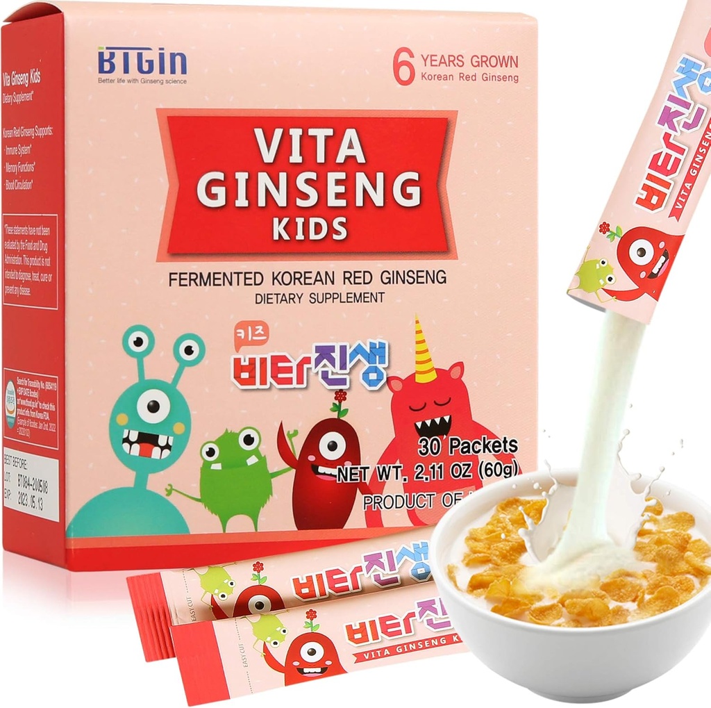 Vita Ginseng Kids, 비타민 D, 아연, 7 Berries, 바나나, 20 야채, 면역 지원, 초점 및 기억 부스트, 30 Packets (1Set)를 위한 우유 분말