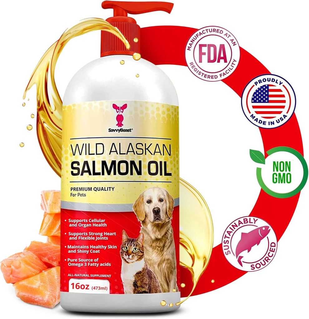 SavvyBeast Wild Alaskan Salmon Oil for Dogs, Cats & Ferrets – EPA & DHA와 Omega-3 Fish Oil Pet Supplement – 피부, 코트, 관절, 심장, 두뇌, 이치 구호 & 면역 – 무향 – 16 oz