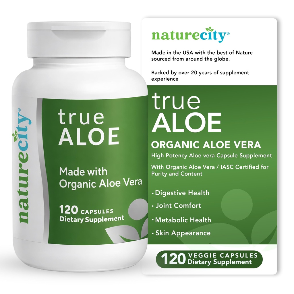 NatureCity True-Aloe Gut Health Support – 80,000mg 알로에 Vera Gel Equivalent Per 서빙 – 소화, 피부 및 관절 지원을위한 유기 알로에 베라 (120 캡슐) | 작은 쉽게 톨로 알약