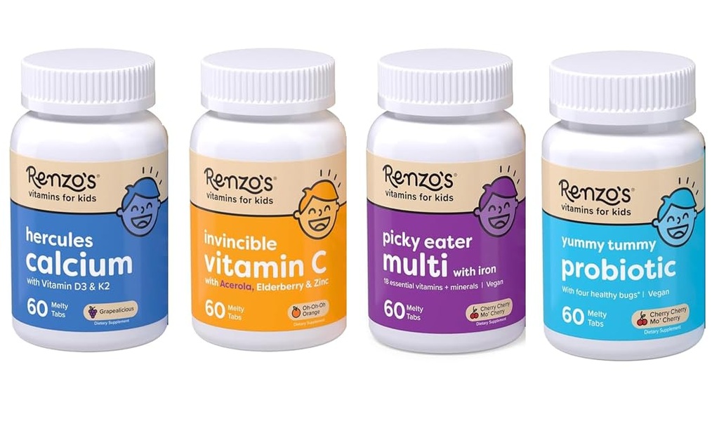 Renzo's Vitamins Kid Essential Bundle - Probiotic, Immune Support, Picky Eater Kids Multivitamin 및 Hercules 칼슘을 함유 한 비타민 C