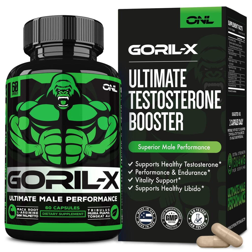 남성용 GORIL-X 테스토스테론 부스터 - 운동 테스토스테론 보충교재 - 증가 크기, 힘 & 에너지 - 1000mg 남성 강화 Horny Goat Weed - Maca 뿌리, Tongkat Ali & Tribulus Terrestris 60 모자