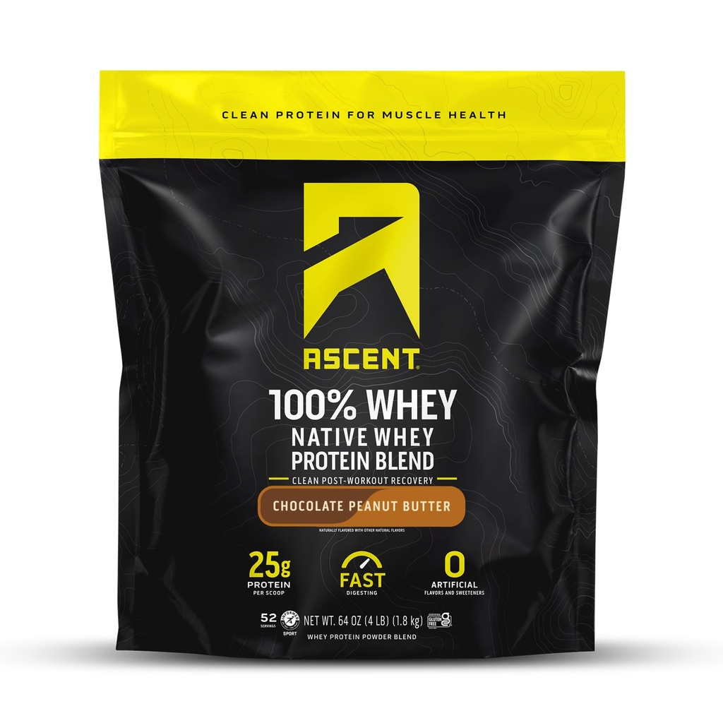 Ascent 100 % Whey Protein Powder - 포스트 운동 Whey Protein Isolate, Zero 인공 향 및 감미료, 글루텐 무료, 5.5g BCAA, 2.6g Leucine, 필수 아미노산, 초콜릿 땅콩 버터 4 파운드