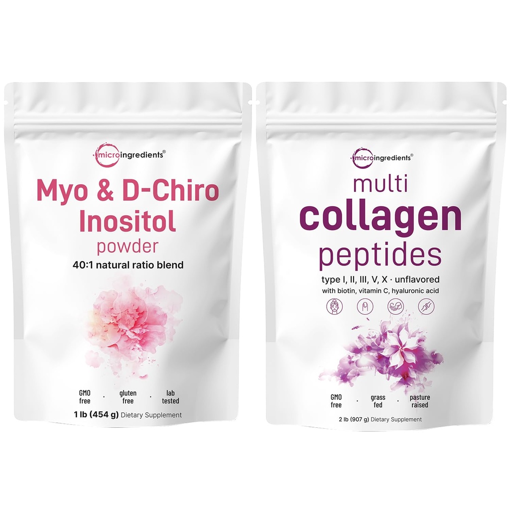 마이크로 성분 다 교원질 단백질 분말 2lbs & Myo & D-Chiro Inositol 분말 뭉치 2 팩 | 잔디 먹이는 교원질 펩티드 | 여자를 위한 Inositol 보충교재