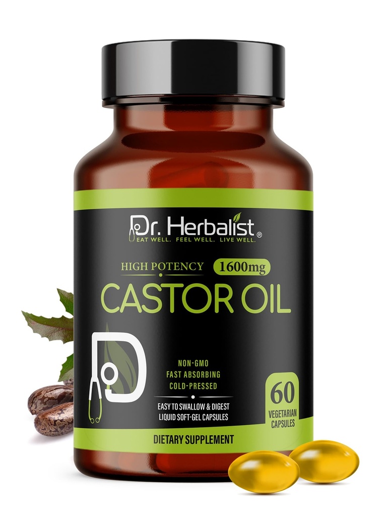 Dr. HERBALIST 캐스터 오일 캡슐 - 서빙 당 1600mg, 60 카운트 - 비 GMO, 빠른 흡수, 채식주의, 냉간 압력 및 높은 효능 - 지원 피부, 헤어, 천연 연체 및 소화 건강