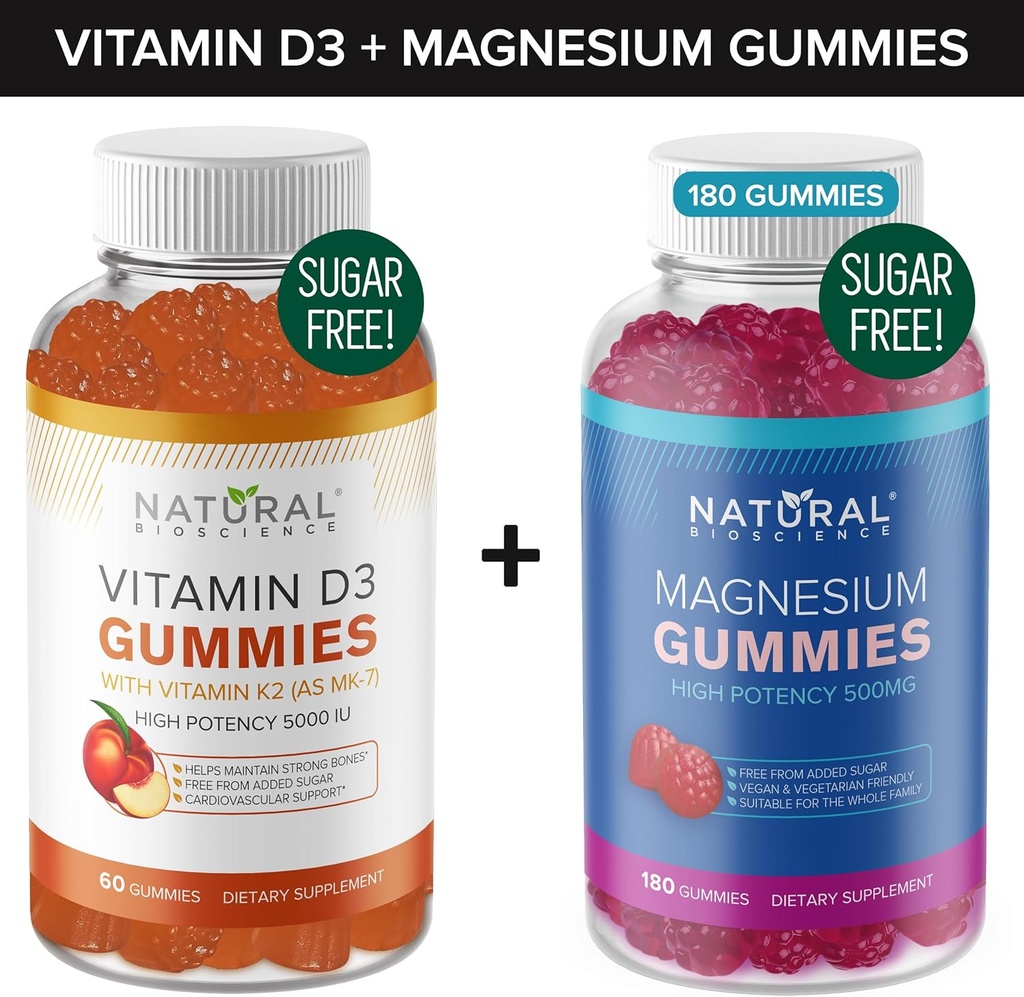 설탕 자유로운 비타민 D3 K2 Gummies (60의 Gummies)와 설탕 자유로운 여분 힘 마그네슘 Gummies (180의 Gummies), 비타민 D3 Gummies 5000 IU+K2 MK7 80 mcg, 마그네슘 Citrate Gummies 500 mg