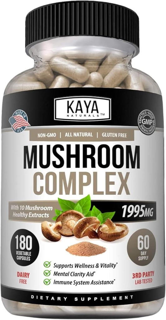 Kaya Naturals Premium Mushroom Complex Potent - 버섯 보충 - 버섯 복합 캡슐 1995mg / 서빙 - Aids Mental Clarity 지원 면역 체계, 웰빙 및 활력 - 180 조사