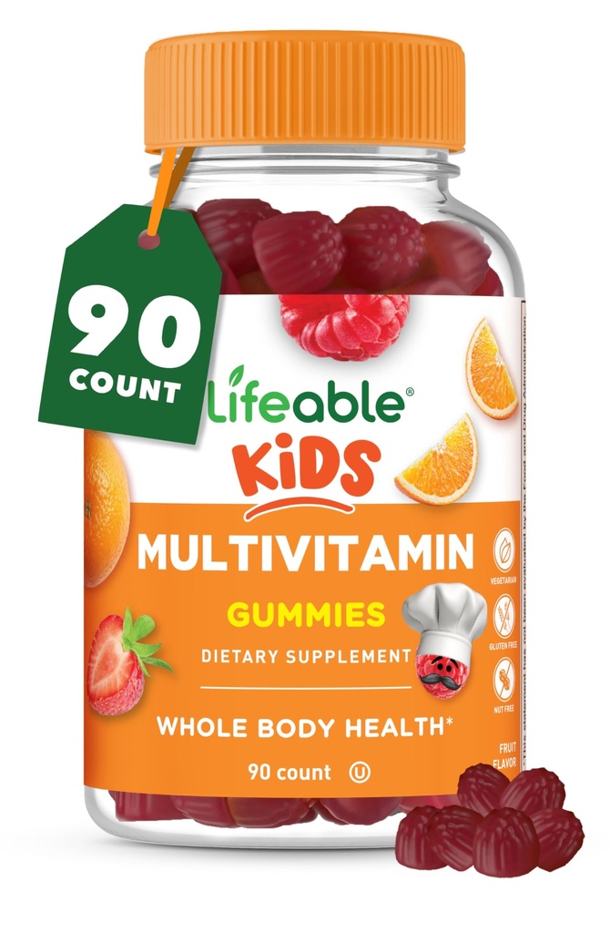 Lifeable Kids Multivitamin Gummies | 아이들을위한 훌륭한 타스팅 멀티비타민 | 비타민 A, C, D, E, B6, B12, 아연, Biotin, Folic Acid, Iodine, Niacin | 전반적인 신체 건강 | 90 Gummies