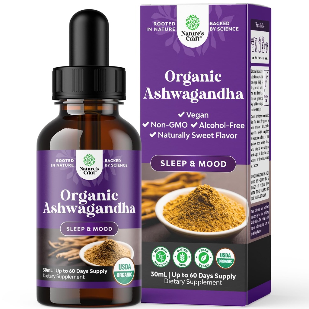 USDA 유기 Ashwagandha 액체 드롭 - 스트레스와 무드 지원을위한 Ashwagandha 뿌리 추출물 - 성인을위한 맛있는 순수한 Adaptogen Drop - 휴식을위한 무료 초본 통기성 - 30 ml 병
